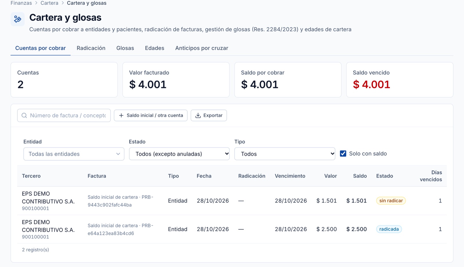 Cartera y glosas de Medsavia con cuentas por cobrar, valor facturado, saldo vencido y radicación