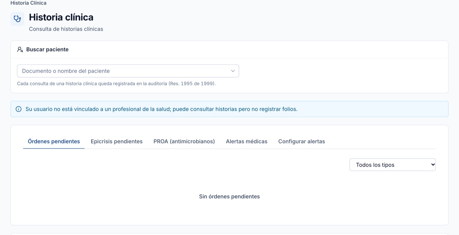 Pantalla de historia clínica de Medsavia con búsqueda de paciente, órdenes pendientes y control de historias confidenciales